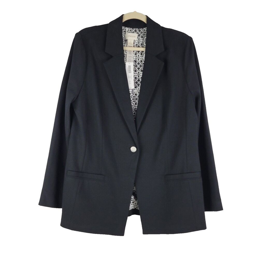 Chicos Size 2 Women's Blazer Jacket One Button Black Long Sleeve Lined NWT $119